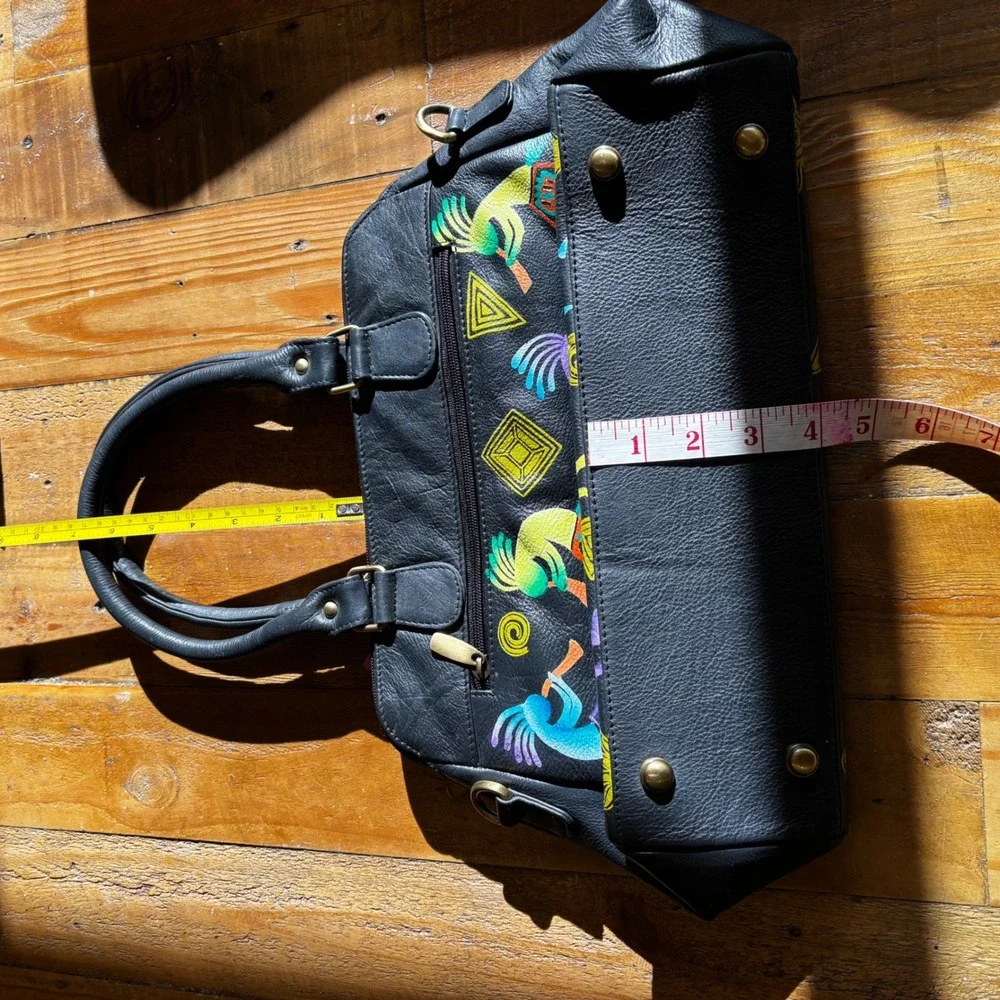Native American Kokopelli Hand Painted‎ Black Leather Satchel Handbag